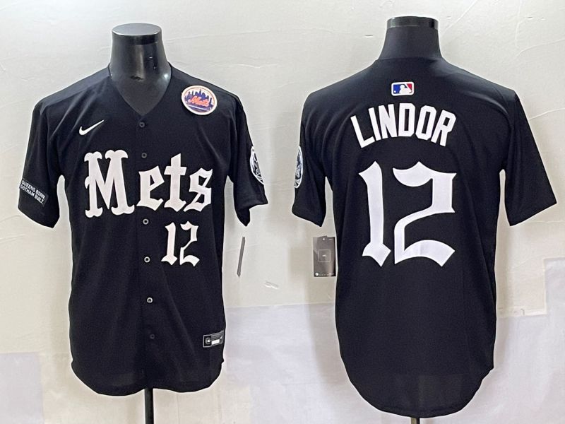 Men 2025 New York Mets #12 Lindor Black Five generations Joint Name Nike MLB Jersey style 10